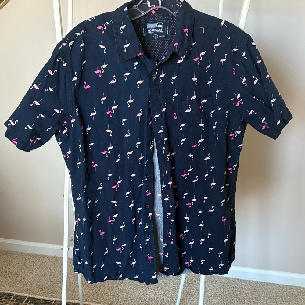 Men's Flamingo Print Shirt - Navy and Pink